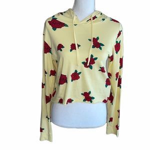On Fire Yellow With Red Roses Hooded Crop Top